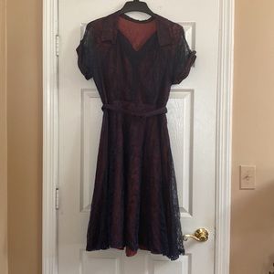 VTG 1940’s Navy Blue Lace Dress Brown Slip Original Belt